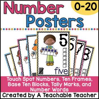Preview of Number Posters 0-20 - Number Word, Ten Frame, Tally Marks, Base Ten Blocks