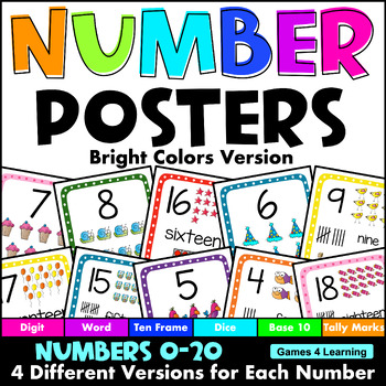 Preview of Bright Colors Number Posters 1-20 with Ten Frame, Tally Marks etc: 4 Versions