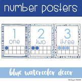 Number Posters 1-20 with Ten Frames in Blue Watercolor Theme