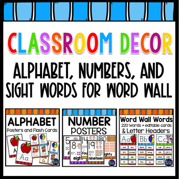 Preview of Number Posters, Alphabet Posters With Pictures, Word Wall Sight Words BUNDLE