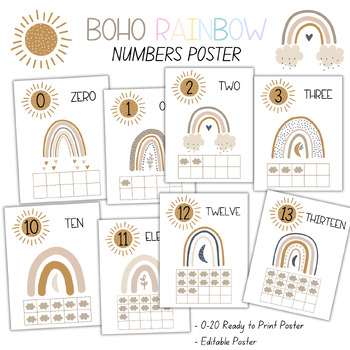 Preview of Number Posters BOHO Rainbow Classroom Decor 1 to 20 posters Editable