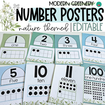 Preview of Number Posters | EDITABLE | Nature  Theme Classroom Decor | Modern Greenery
