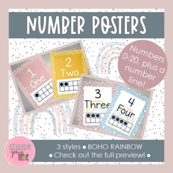 Preview of Number Posters | Ten Frames | Number Line | BOHO RAINBOW | Classroom Decor