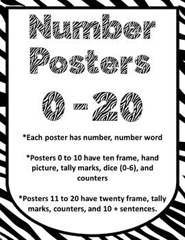 Preview of Number Posters Zebra themed with ten frames, hands, equations, counters, & more