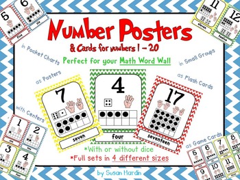 Preview of Number Posters and Cards 1-20 Primary Chevron: ten frame, counting fingers, dice