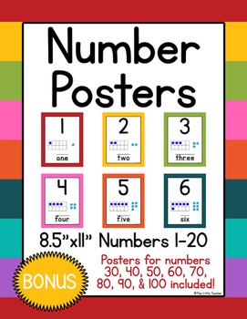 Preview of Number Posters 1-20 w/ Tens Frames & Base Ten Blocks-Bright Colors-Pre-K,K,1,2