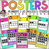 Number Posters with ten Frames | 0-20 English & Spanish | Brights