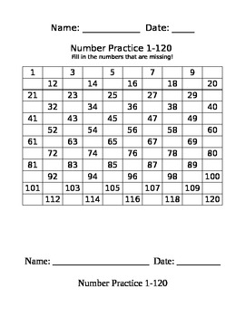 Preview of Number Practice Sheets...Writing numbers 1-120/ Number Sense