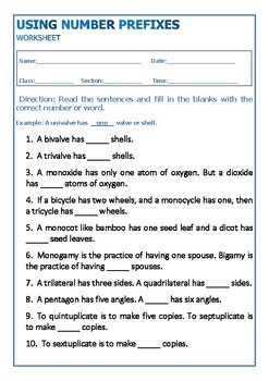 Preview of Number Prefixes Activity Worksheet