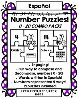 Preview of Number Puzzles: Compose and Decompose numbers 0 – 20 (SPANISH Version!)