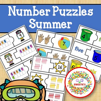 Preview of Number Puzzles 1 to 20 - Summer Theme - 2 Pieces Per Puzzle