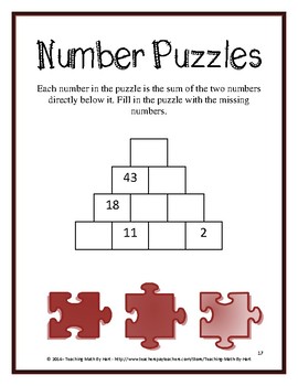 Number Puzzles - A Warm-up Math Activity by Teaching Math by Hart