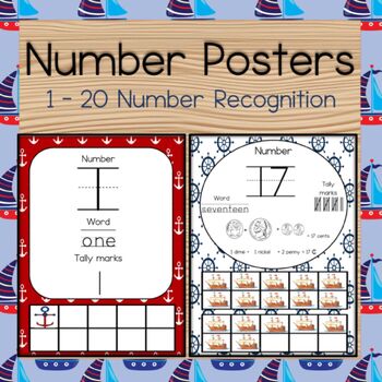 Preview of Number Recognition/ Number Concept Poster- Nautical theme