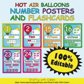 Preview of Number Recognition Poster & Flashcards in Hot Air Balloons Theme - 100% Editble
