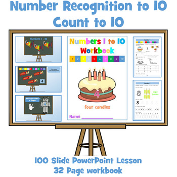 Preview of Number Recognition to 10 / Count to 10 - PowerPoint Lesson and Workbook
