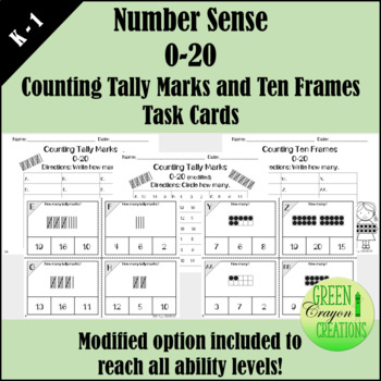 Preview of Number Sense 0-20 | Counting Tally Marks and Ten Frames | Task Cards | Modified