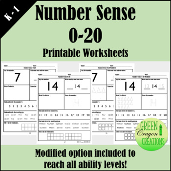Preview of Number Sense 0-20 | Worksheets | Modified Option Included