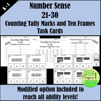 Preview of Number Sense 21-30 | Counting Tally Marks and Ten Frames | Task Cards | Modified
