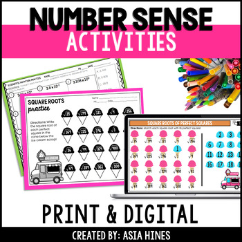 Preview of Number Sense Worksheets Square Roots | Rational Numbers | Powers of Ten Activity