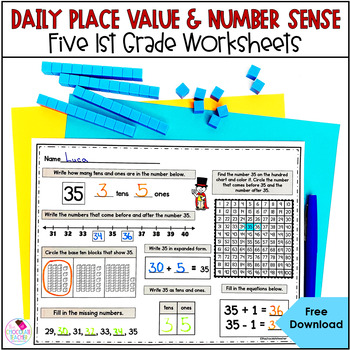 Preview of First Grade Math - Place Value Worksheets - Daily Math Practice - Free