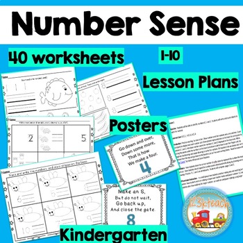 Preview of Number Sense 1-10 Complete Unit,  Kindergarten (40 Worksheets), Plans & Posters