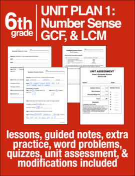 Preview of Number Sense, GCF, & LCM Unit Plan: Lessons, Guided Notes, Quizzes, & Tests