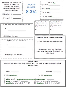 Preview of Number Sense Warm Up for 6th Grade Common Core Math