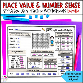 Preview of Place Value Worksheets 2nd Grade Math Practice - Number Sense Activities BUNDLE