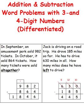 Preview of Word Problems-Addition & Subtraction of 3-and 4-Digit Numbers (Differentiated)