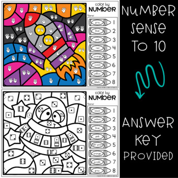 Number Subitizing Worksheets Color by Number Subitizing to 10 Space Theme