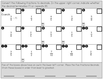 Terminating and Repeating Decimals Worksheets and Partner Activity