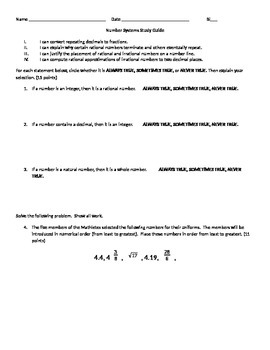 Preview of Number Systems Study Guide and Quiz