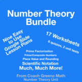 Number Theory Pre-Algebra Unit: Google slide lessons, work