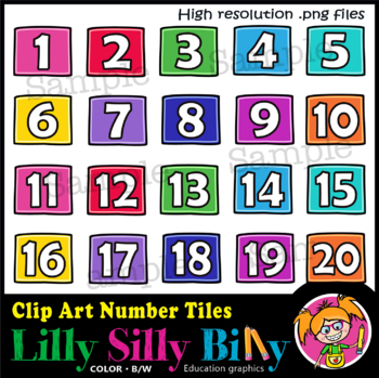 Preview of Number Tiles (0 - 20) B/W & Color clipart images {Lilly Silly Billy}