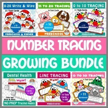 Preview of NO PREP Number Tracing Cards & Coloring Worksheets Growing Bundle Pre-k & Kinder
