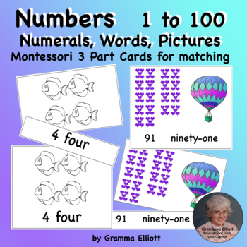 Preview of 1 - 100 Numbers, Words, and Picture Matching Cards Montessori Style