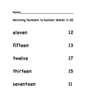 Number Words 11-20 Matching