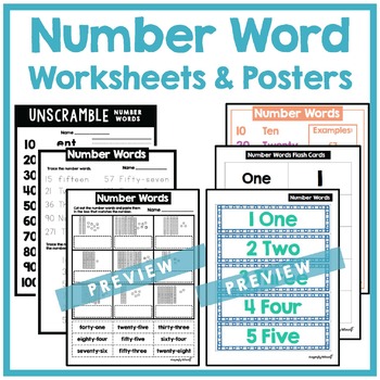 Preview of Number Words Posters, Worksheets, Flash Cards Practice - K-2