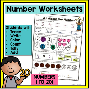 Number Worksheets 1 - 20 by Andrea Marchildon | Teachers Pay Teachers