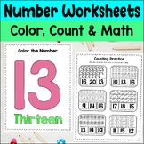 Number Worksheets: 1-20 Color, Count, Math, Fine Motor for