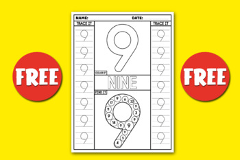 Preview of Number Writing Practice 9, Tracing Worksheets, Number Recognition Activity, Free