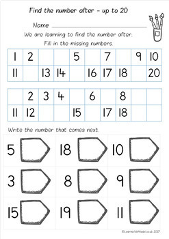 number after to 10 20 and 50 worksheet pack by learn with miss w