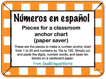 Number anchor chart English, Spanish, and base ten blocks by