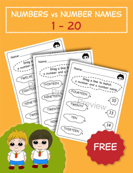Preview of Number and Number Names worksheet, Number Matching Worksheet1-20, Math Game-Free