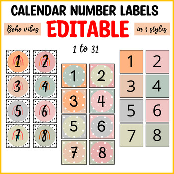 Preview of Number labels, calendar number labels, spotty boho rainbow calendar numbers