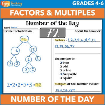 Preview of Factors and Multiples Worksheets - Number of the Day with Prime Factorization