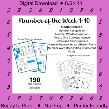 Preview of Number of the Week Numbers 1-10 w/ Answer Sheets for 3-7 Years old Homeschool