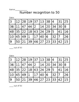 Preview of Number recognition assessment 1-50