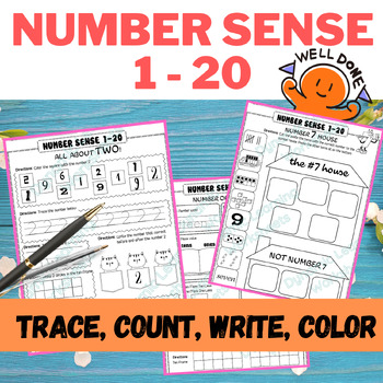 Preview of Number sense activities 1-20 / Number recognition (Trace/count/color) worksheets