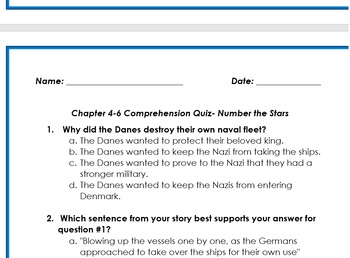 Preview of Number the Stars: Chapter 4-6 Comprehension Quiz
